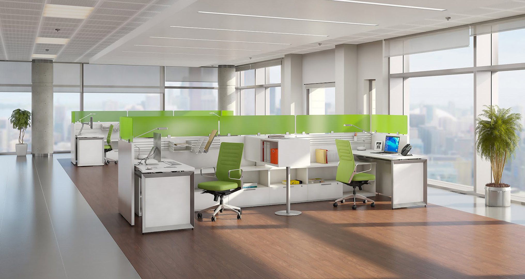 open office concept with green accents