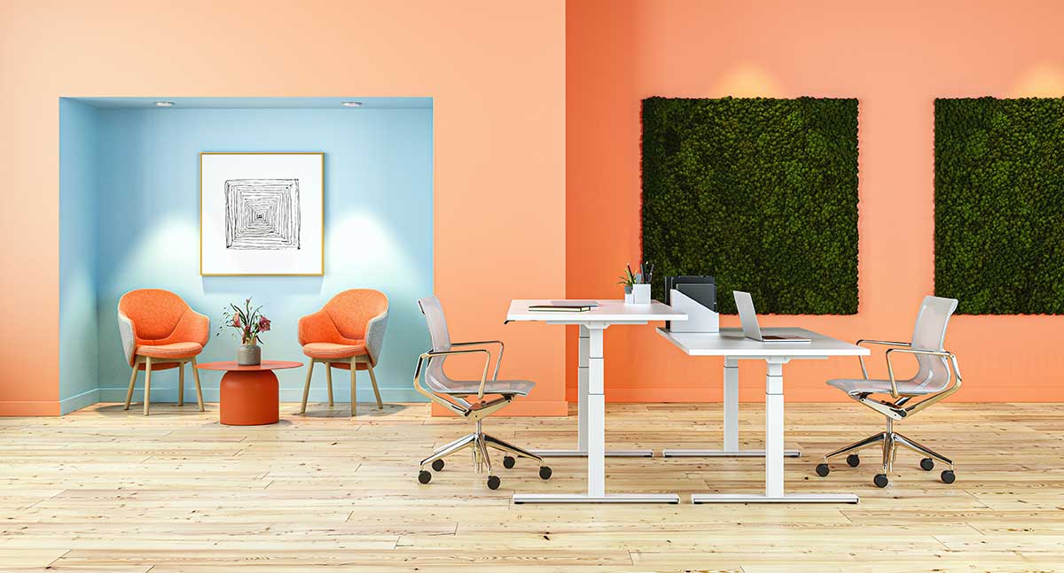 An office interior with colorful furniture and walls